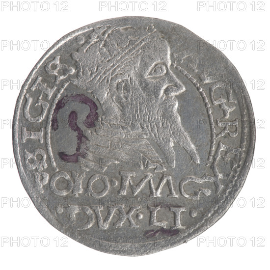 Lithuanian grosz on a Polish foot, Sigismund II Augustus (King of Poland; 1544–1572). Polish coin, 1567, Vilnius, Grand Duchy of Lithuania. Obverse: Crowned male bust in armour turned right, separating the inscription in a half-circle at the top: SIGIS -, G.REX at the bottom horizontally in two lines: .POLO.MAG./.DVX.LI. Reverse: Lithuanian Chaser (Columns of Giedymina coat of arms) turned left; below, under the crown dividing the date 15 - 67, a tied monogram composed of the letters SA and the Columns coat of arms; rim inscription: MONETA.MACA.LI. Diameter 22.8–23.2 mm, weight 2.15 g. Subjects: Polish coins; Jagiellonians (dynasty); coats of arms; Pogon (coat of arms; Lithuania); male and royal busts; Sigismund II Augustus — iconography; monograms; tied monograms; SA monogram; Columns of Giedymina.
