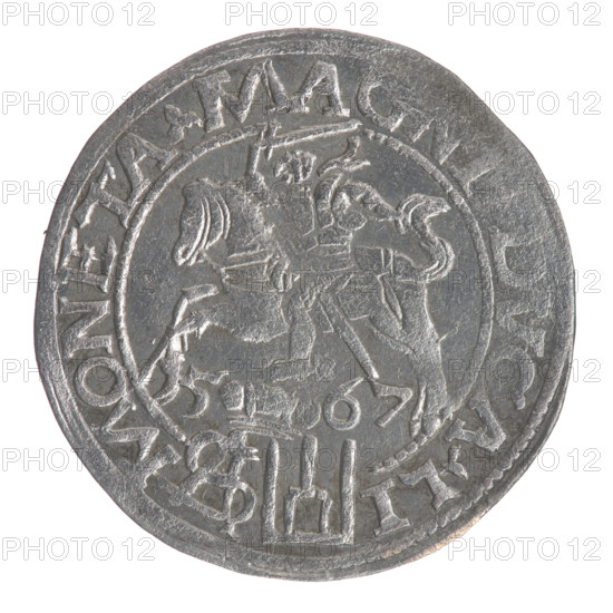 Lithuanian grosz on a Polish foot, Sigismund II Augustus (King of Poland; 1544–1572), Polish coins, Jagiellonians (dynasty), coats of arms, Pogon (coat of arms; Lithuania), male busts, royal bust, Sigismund II Augustus (King of Poland; 1520–1572) - iconography, monograms, tied monograms, SA monogram, Columns of Giedymina (coat of arms of Lithuania). Obv.: Crowned male bust in armour turned right, separating the inscription in a half-circle at the top: SIGIS -, G.REX at the bottom horizontally in two lines: .POLO.MAG./.DVX.LI. Rev.: Lithuanian Chaser turned left, below under the crown dividing the date 15 - 67 a tied monogram composed of the letters SA and the coat of arms Columns that divide the inscription in the rim: MONETA.MA, CA.LI -, 1567. Poland, Vilnius, Grand Duchy of Lithuania. Coin; dia. 22.8–23.2 mm; weight 2.15 g.