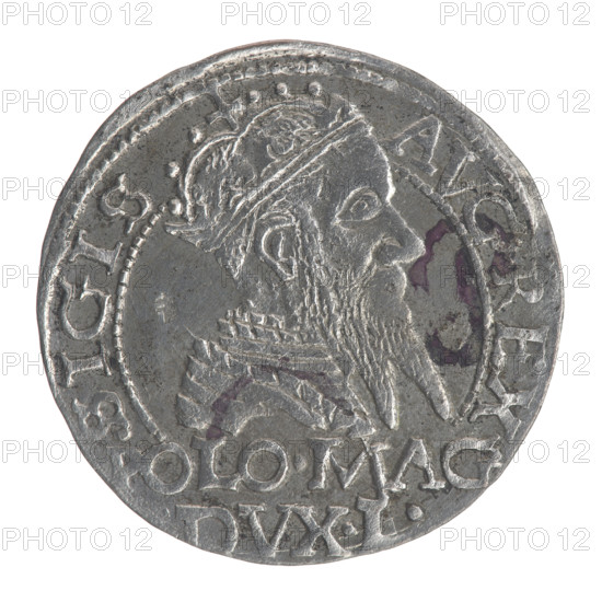 Lithuanian grosz on a Polish foot, Sigismund II Augustus (King of Poland; 1544–1572). Polish coin, 1567, Grand Duchy of Lithuania (Vilnius). Obverse: Crowned male bust in armour turned right, separating the inscription in a half-circle at the top: SIGIS - AVG.REX; at the bottom horizontally in two lines: POLO.MAG/ VX.L. Reverse: Lithuanian chaser (Columns of Gediminas coat of arms) turned left; below, under the crown dividing the date 15 - 67, a tied monogram composed of the letters SA and the Columns. Rim inscription: MONETA.MAGNI.DVCA.LI -. Diameter ~22.4–22.7 mm; weight 2.06 g. Subjects/styles: Polish coins; Jagiellonian dynasty; coats of arms; Pogon (coat of arms, Lithuania); male/royal bust; monograms (tied SA).