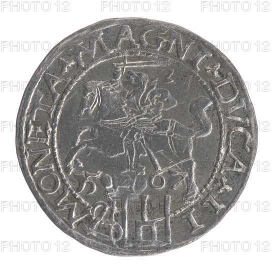 Lithuanian grosz on a Polish foot, Sigismund II Augustus (King of Poland; 1544–1572). Obverse: Crowned male bust in armour turned right, inscription SIGIS - AVG.REX above and POLO.MAG/ VX.L. below in two lines. Reverse: Lithuanian Chaser turned left; below, under the crown, the date 15-67 and a tied monogram composed of the letters SA and the Columns of Gediminas coat of arms. Rim inscription: MONETA.MAGNI.DVCA.LI -. 1567, Vilnius, Grand Duchy of Lithuania. Coin; diameter ~22.4–22.7 mm; weight 2.06 g. Subjects/styles: Polish coins; Jagiellonians dynasty; coats of arms; Pogon (Lithuanian coat of arms); royal/male busts; monograms (tied SA).