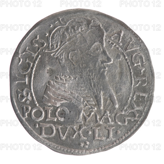 Lithuanian grosz on a Polish foot, Sigismund II Augustus (King of Poland; 1544–1572). Polish coin, 1567, Vilnius, Grand Duchy of Lithuania. Obverse: Crowned male royal bust in armor turned right, separating the inscription in a half-circle at the top: .SIGIS - AVG.REX; at the bottom horizontally in two lines: POLO, MAG./.DVX.LI. Reverse: Lithuanian Pogon (horseman) turned left; below, under the crown, the date 15 - 67 and a tied monogram composed of the letters SA and the Columns of Gediminas coat of arms; rim inscription: MONETA.MAGNI.DVCA.LI. Attributes: Jagiellonian dynasty, coats of arms, male/royal bust, monograms, tied monogram, SA monogram. Diameter approx. 22.8–23.3 mm; weight 1.74 g.