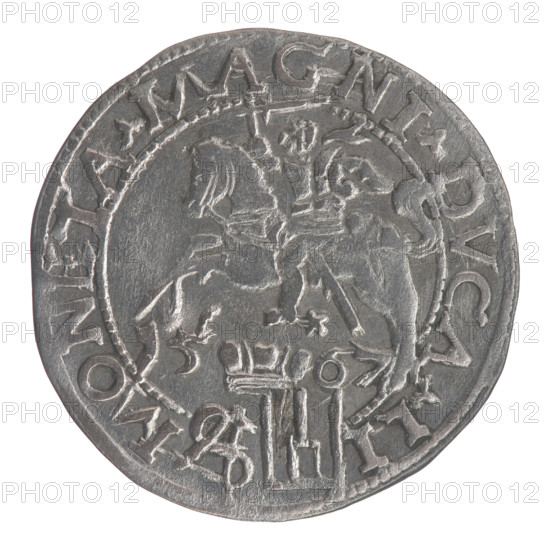 Lithuanian grosz on a Polish foot, Sigismund II Augustus (King of Poland; 1544–1572). Polish coin, 1567, Vilnius, Grand Duchy of Lithuania. Obverse: Crowned male bust in armor turned right, separating the inscription in a half-circle at the top: SIGIS·AVG·REX; at the bottom horizontally in two lines: POLO, MAG·DVX·LI. Reverse: Lithuanian Chase turned left; below, under the crown dividing the date 15–67, a tied monogram composed of the letters SA and the Columns of Gediminas coat of arms that divide the rim inscription: MONETA·MAGNI·DVCA·LI. Features: monograms, tied monogram (SA), Pogon (coat of arms; Lithuania), Columns of Gediminas; royal/male bust iconography. Coin diameter approx. 22.8–23.3 mm; weight 1.74 g.