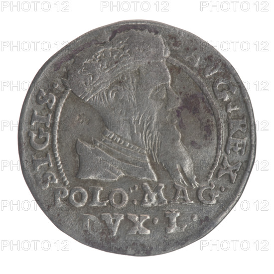 Lithuanian grosz on a Polish foot, Sigismund II Augustus (King of Poland; 1544–1572), Polish coins, Jagiellonians (dynasty), coats of arms, Pogon (coat of arms; Lithuania), male busts, royal bust, Sigismund II Augustus (King of Poland; 1520–1572) - iconography, monograms, tied monograms, SA monogram, Columns of Giedymina (coat of arms of Lithuania). Obv.: Crowned male bust in armour turned right, separating an inscription in a half-circle at the top: SIGIS. -, VG.REX at the bottom horizontally in two lines: POLO:MAG./ VX.L. Rv.: Lithuanian Chaser turned left, below under the crown dividing the date 15 - 67 a tied monogram composed of the letters SA and the coat of arms of the Columns, which divide the inscription in the rim: ONETA.MAGNI, .LIT. -, 1567, Poland, Vilnius, Grand Duchy of Lithuania, coin, dia. 22.2 mm–22.4 mm, weight 1.82 g
