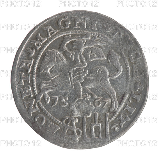 Lithuanian grosz on a Polish foot, Sigismund II Augustus (King of Poland; 1544–1572). Polish coin, 1567. Obverse: Crowned male bust in armour turned right, separating an inscription in a half-circle at the top: SIGIS. -, VG.REX at the bottom horizontally in two lines: POLO:MAG./ VX.L. Reverse: Lithuanian Chaser turned left, below under the crown dividing the date 15 - 67 a tied monogram composed of the letters SA and the coat of arms of the Columns of Giedymina, which divide the inscription in the rim: ONETA.MAGNI, .LIT. Jagiellonians (dynasty), coats of arms, Pogon (coat of arms; Lithuania), monograms, tied monograms, SA monogram, royal bust, iconography of Sigismund II Augustus. Place: Vilnius, Grand Duchy of Lithuania. Coin diameter 22.2–22.4 mm, weight 1.82 g.