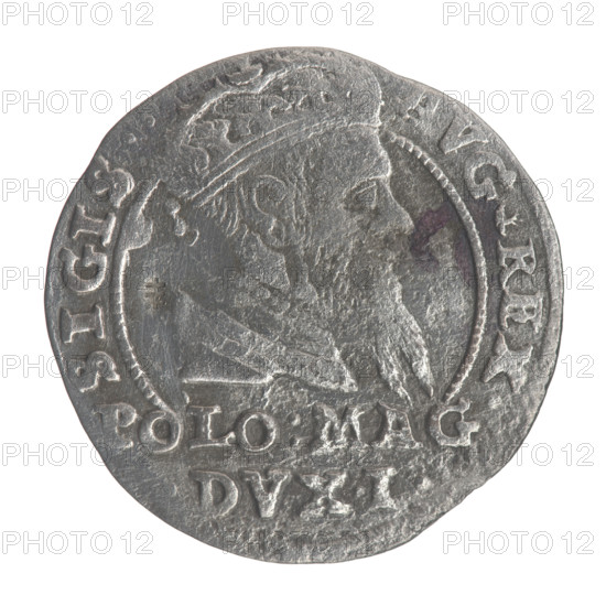Lithuanian grosz on a Polish foot, Sigismund II Augustus (King of Poland; 1544–1572). Polish coin, 1567, struck in Vilnius, Grand Duchy of Lithuania. Obverse: crowned male bust in armour turned right, separating the inscription in a half-circle at the top: SIGIS - AVG.REX, and at the bottom in two lines: POLO:MAG/, DVX.L. Reverse: Lithuanian chaser (Pogon) turned left; below, under the crown, dividing the date 15 - 67, a tied monogram composed of the letters SA and the Columns of Gediminas coat of arms. Rim legend: MONETA.MAGNI.DVCA.LIT. Diameter ca. 21.7–22.0 mm; weight 1.74 g. Subjects: Jagiellonians dynasty, coats of arms, male/royal bust, monograms (tied SA).