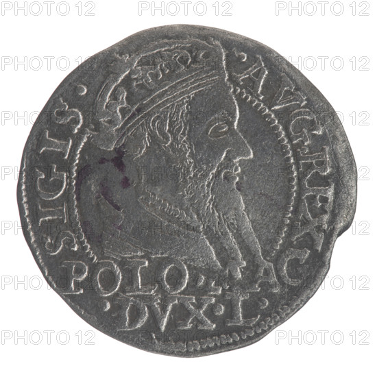 Lithuanian grosz on a Polish foot, Sigismund II Augustus (King of Poland; 1544–1572). Obverse: Crowned male bust in armour turned right, separating the inscription in a half-circle at the top: SIGIS. - .AVG.REX; at the bottom horizontally in two lines: .POLO., AG./.DVX.L. Reverse: Lithuanian Chase turned left; below under the crown dividing the date 15 - 68 a tied monogram composed of the letters SA and the Columns of Giedymina (coat of arms of Lithuania) that divide the inscription in the rim: MONETA.MAGNI.DVCA.LIT. Date: 1568. Place: Vilnius, Grand Duchy of Lithuania (Poland). Type: coin (grosz), diameter 22.5–23.3 mm, weight 1.81 g. Subjects/attributes: Polish coins; Jagiellonians (dynasty); coats of arms; Pogon (coat of arms); royal/male busts; monograms; tied monogram SA.
