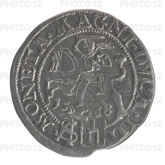 Lithuanian grosz on a Polish foot, Sigismund II Augustus (King of Poland; 1544–1572). Obverse: Crowned male bust in armour turned right, separating the inscription in a half-circle at the top: SIGIS. - .AVG.REX; at the bottom horizontally in two lines: .POLO., AG./.DVX.L. Reverse: Lithuanian Chase turned left; below under the crown dividing the date 15 - 68 a tied monogram composed of the letters SA and the coat of arms Columns that divide the inscription in the rim: MONETA.MAGNI.DVCA.LIT. 1568. Polish, Vilnius, Grand Duchy of Lithuania. Coin; diameter ~22.5–23.3 mm; weight 1.81 g.