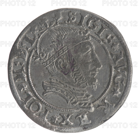 Lithuanian grosz on a Lithuanian foot, Sigismund II Augustus (king of Poland; 1520–1572). Obverse: crowned male bust in armor, profile turned right; rim inscription divided at top by a crown cross and at bottom by armor: .SIGIS.AVG.R - EX.POL.M:D:L. Reverse: Lithuanian Pogon (Pursuit) turned left, below the Columns of Gediminas coat of arms and the date 15-45; rim inscription: .MONETA.MAG. - .DVCAT.LITVA. 1545. Coin of the Grand Duchy of Lithuania (Vilnius), Poland–Lithuania. Diameter ~24.7–25.0 mm; weight 2.35 g. Coats of arms, royal bust, Polish coins, male busts, Jagiellonian dynasty.