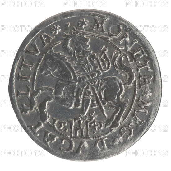 Lithuanian grosz (coin) dated 1545, minted in Vilnius, Grand Duchy of Lithuania. Obverse: crowned male bust in armor (royal bust of Sigismund II Augustus, king of Poland, 1520–1572), profile turned right, rim inscription divided at top by a crown cross and at bottom by armor: .SIGIS.AVG.R - EX.POL.M:D:L. Reverse: Lithuanian Pogon (Pursuit) turned left, below the Columns of Gediminas (coat of arms of Lithuania) and the date 15–45, rim inscription: .MONETA.MAG. - .DVCAT.LITVA. Attributes: Polish coins; Jagiellonian dynasty iconography; diameter ~24.7–25.0 mm; weight 2.35 g.
