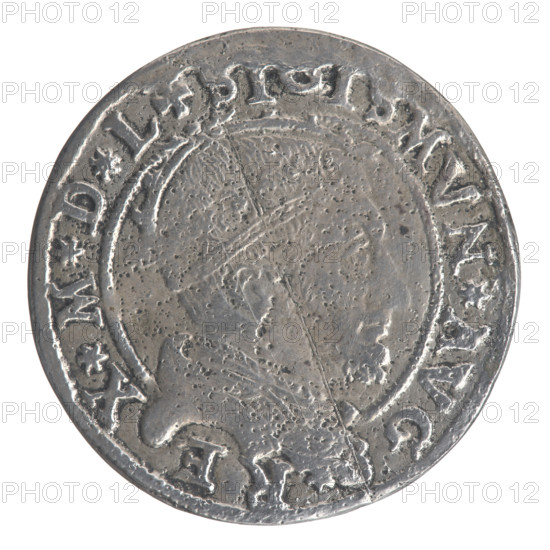Lithuanian grosz on a Lithuanian foot, Sigismund II Augustus (king of Poland; 1544–1572), coats of arms, Jagiellonians (dynasty), Polish coins, royal bust, Giedymina's Columns (coat of arms of Lithuania), Pogon (coat of arms; Lithuania), Sigismund II Augustus (king of Poland; 1520–1572) - iconography, copies, male busts. A crowned male bust in armor in profile turned right; in the rim an inscription divided at the top by a crown cross and at the bottom by armor: SI, ISMVN.AVG - .RE - XMDL - Rw. Lithuanian Pogon (Pursuit) turned left, below the Column coat of arms and the date 15 - 45. In the rim an inscription: MONETA.MAG. - .D.LITVANI:. After 1545, Vilnius, Poland, Grand Duchy of Lithuania. Coin, copy; diameter 24.6 mm, diameter 25.0 mm, weight 4.93 g.