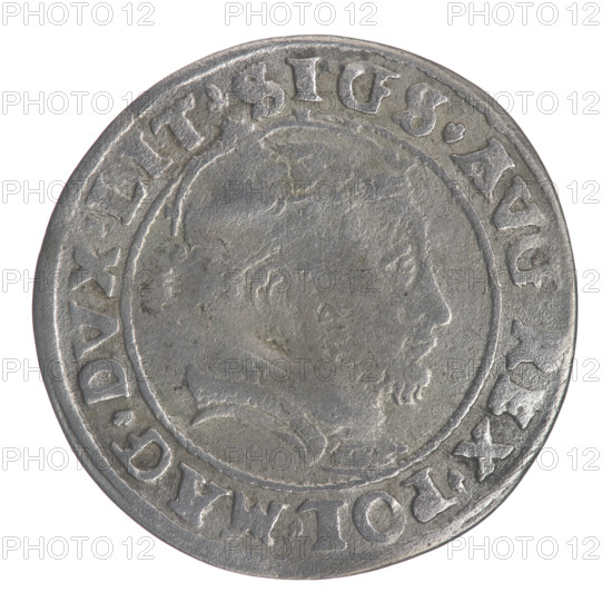 Lithuanian grosz on a Lithuanian foot, Sigismund II Augustus (king of Poland; 1520–1572). Obverse: crowned male bust in armor in profile turned right; rim inscription divided at top by a crown cross: SIGIS.AVG.REX.POL.MAG.DVX.LIT. Reverse: Lithuanian Pogon (Pursuit) turned left, below the date 1546 and the Columns of Gediminas coat of arms dividing the rim inscription: MONETA.MAGNI-DVCAT9.LITVA. 1546. Coin from Vilnius, Grand Duchy of Lithuania; Polish coins; diameter ˜24.6–24.8 mm; weight 2.24 g.