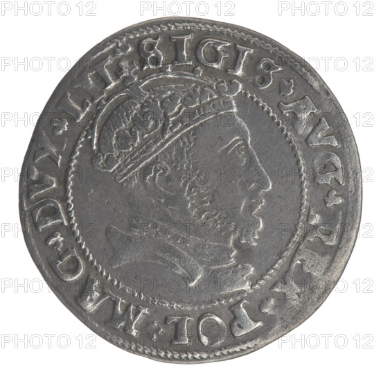 Lithuanian grosz on a Lithuanian foot, Sigismund II Augustus (King of Poland; 1520–1572). Aw. Crowned male bust in armor in profile turned right; in the rim an inscription divided at the top by a crown cross: .SIGIS.AVG.REX.POL.MAG.DVX.LIT. Rw. Lithuanian Pogon (Pursuit) turned left, below the date 1546 and the Columns of Gediminas (coat of arms) dividing the inscription in the rim: .MONETA.MAGNI - DVCAT9.LITVA. 1546. Coin from Vilnius, Grand Duchy of Lithuania; diameter ~25.0–25.3 mm; weight 2.4 g.