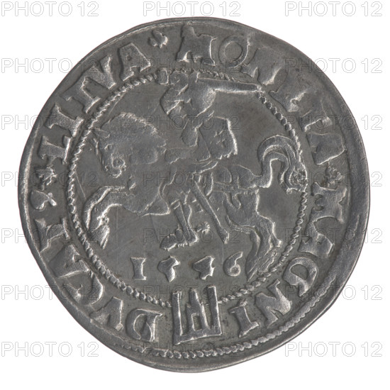 Lithuanian grosz on a Lithuanian foot, Sigismund II Augustus (King of Poland; 1544–1572). Jagiellonians dynasty; royal bust; Polish coins; Giedymina's Columns (coat of arms of Lithuania); Pogon (coat of arms; Lithuania); male busts. Obverse: Crowned male bust in armor in profile turned right; rim inscription divided at top by a crown cross: .SIGIS.AVG.REX.POL.MAG.DVX.LIT. Reverse: Lithuanian Pursuit (Pogon) turned left, below the date 1546 and the Column coat of arms dividing the rim inscription: .MONETA.MAGNI - DVCAT9.LITVA. 1546. Vilnius, Grand Duchy of Lithuania. Coin; diameter 25.0–25.3 mm; weight 2.4 g.