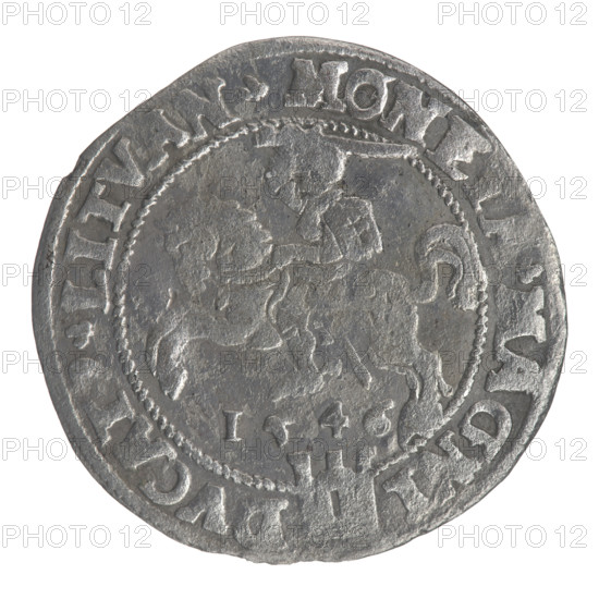 Lithuanian grosz on a Lithuanian foot, Sigismund II Augustus (king of Poland; 1544–1572). Coats of arms, Jagiellonians (dynasty), royal bust; Polish coin, 1546. Obverse: crowned male bust in armor in profile turned to the right, rim inscription divided at the top by a crown cross: .SIGIS.AVG.R .POL.MAG.DVX.LIT. Reverse: Lithuanian Pogon (Pursuit) turned to the left, below the date 1546 and the Columns of Gediminas coat of arms dividing the rim inscription: .MONETA.MAGNI - DVCAT9.LITVAN. Diameter 24.0–24.6 mm; weight 2.24 g.