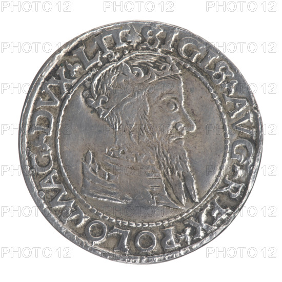 Lithuanian grosz on the Lithuanian foot, Sigismund II Augustus (King of Poland; 1544–1572), coats of arms, Jagiellonians (dynasty), royal bust, Polish coins, Sigismund II Augustus (King of Poland; 1520–1572) - iconography, Pogon (coat of arms; Lithuania), male busts, copies. Obverse: Crowned male bust in armor in profile, turned right; inscription around the rim: .SIGIS.AVG.REX.POLO.MAG.DVX.LIT. Reverse: Lithuanian Pogon turned left, below the date 15.66 and the Jastrzebiec coat of arms dividing the inscription around the rim: .MONETA.MAGNI-DVCAT9.LITVA. After 1566, Tykocin, Poland, Grand Duchy of Lithuania. Coin, copy. Diameter 23.8 mm; diameter 24.0 mm; weight 3.64 g.