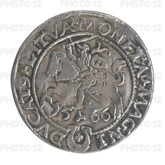 Lithuanian grosz on the Lithuanian foot, Sigismund II Augustus (King of Poland; 1544–1572). Coats of arms, Jagiellonians (dynasty), royal bust, Polish coins, Sigismund II Augustus — iconography, Pogon (coat of arms; Lithuania), male busts, copies. Obverse: Crowned male bust in armor in profile turned right, inscription around the rim: .SIGIS.AVG.REX.POLO.MAG.DVX.LIT. Reverse: Lithuanian Pursuit turned left, below the date 15.66 and the Jastrzebiec coat of arms dividing the inscription around the rim: .MONETA.MAGNI-DVCAT9.LITVA. After 1566, Tykocin, Poland, Grand Duchy of Lithuania. Coin, copy. Diameter 23.8–24.0 mm, weight 3.64 g.