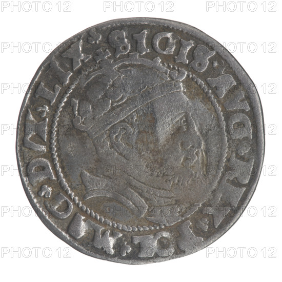 Lithuanian grosz on a Lithuanian foot, Sigismund II Augustus (King of Poland; 1520–1572), coats of arms, Jagiellonians (dynasty), royal bust, Polish coins, Giedymina's Columns (coat of arms of Lithuania), male busts, Sigismund II Augustus — iconography, Pogon (coat of arms; Lithuania). Obverse: Crowned male bust in armor in profile turned right, rim inscription divided at top by a crown cross: .SIGIS.AVG.REX.POL.MAG.DVX.LIX. Reverse: Lithuanian Chase (Pogon) turned left, below the date 1546 and the Column coat of arms dividing the rim inscription: .MONETA.MAGNI - DVCAT9.LITVA. Date: 1546. Place: Vilnius, Grand Duchy of Lithuania (Poland-Lithuania). Coin; diameter 24.3–25.0 mm; weight 2.34 g.