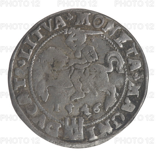 Lithuanian grosz on a Lithuanian foot, Sigismund II Augustus (King of Poland; 1544–1572). Coats of arms: Giedymina's Columns (coat of arms of Lithuania), Pogon (coat of arms; Lithuania), Jagiellonians (dynasty). Obverse: Crowned male bust in armor in profile turned right, rim inscription divided at the top by a crown cross: .SIGIS.AVG.REX.POL.MAG.DVX.LIX. Reverse: Lithuanian Chase turned left, below the date 1546 and the Column coat of arms dividing the rim inscription: .MONETA.MAGNI - DVCAT9.LITVA. 1546. Vilnius, Grand Duchy of Lithuania. Coin; diameter 24.3–25.0 mm; weight 2.34 g.