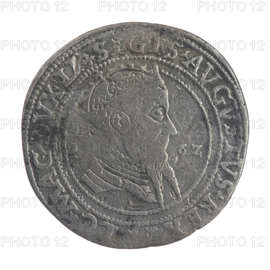 Lithuanian sixer, Sigismund II Augustus (king of Poland; 1544–1572). Coats of arms: Jagiellonians (dynasty), Pogon (Lithuania), Giedyminus Columns. Royal bust; male busts. Iconography: Sigismund II Augustus (1520–1572). Obverse: A crowned male bust in armor facing right, dividing the year 1 - 6Z, with inscription around the rim: .SIGIS.AVGVSTVS.REX, LO.MAG.DVX.LI. Reverse: Lithuanian Pursuit facing left, below the value number VI and the Column coat of arms dividing the inscription around the rim: .GROSVS.SEXDVPL -, AG.DV, AT.LITVA, 1562. Grand Duchy of Lithuania, Vilnius, Poland. Coin; diameter 30.4 mm and 31.2 mm; weight 14.14 g.