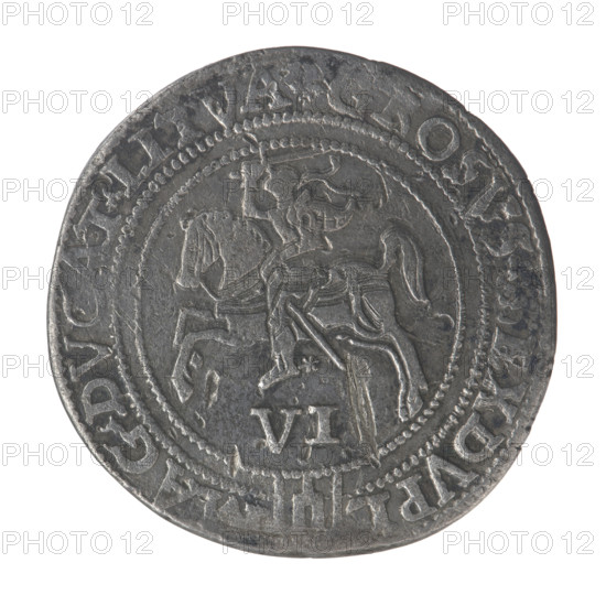 Lithuanian sixer, Sigismund II Augustus (king of Poland; 1544–1572). Coats of arms; Jagiellonians (dynasty); royal bust; Polish coins; Pogon (coat of arms; Lithuania); Sigismund II Augustus (king of Poland; 1520–1572) — iconography; male busts; Giedyminus Columns (coat of arms). Obverse: a crowned male bust in armor facing right, dividing the year 1 - 6Z, with inscription around the rim: .SIGIS.AVGVSTVS.REX, LO.MAG.DVX.LI. Reverse: Lithuanian Pursuit facing left, below the value number VI and the Column coat of arms dividing the inscription around the rim: .GROSVS.SEXDVPL -, AG.DV, AT.LITVA, 1562. Grand Duchy of Lithuania, Vilnius, Poland. Coin; diameter 30.4 mm and 31.2 mm; weight 14.14 g.