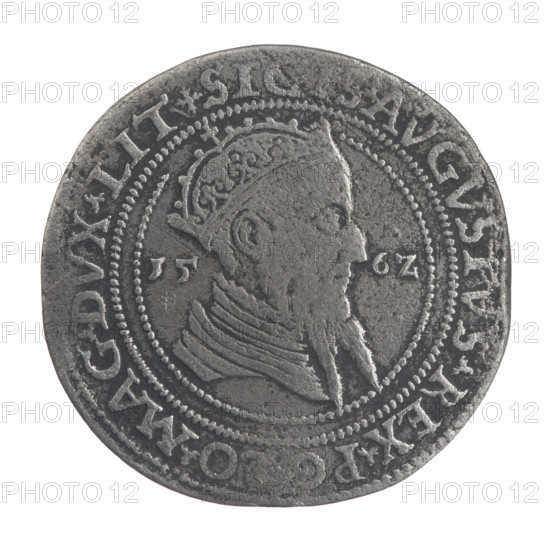 Lithuanian sixer, Sigismund II Augustus (king of Poland; 1544–1572). Coats of arms, Jagiellonians (dynasty). Royal bust, Polish coin. Pogon (coat of arms; Lithuania). Sigismund II Augustus (king of Poland; 1520–1572) — iconography. Male busts. Giedyminus Columns (coat of arms). Obverse: Crowned male bust in armor facing right, dividing year 15 - 6Z, inscription around the rim: .SI. .AVGVSTVS.REX.PO. O.MAG.DVX.LIT. Reverse: Lithuanian Pursuit facing left, below the value number VI and the Column coat of arms dividing the inscription around the rim: .GROSSV. EXDVPL - MAG.DVCAT.LITV. Date: 1562. Grand Duchy of Lithuania, Vilnius, Poland. Coin; diameter 30.4–31.4 mm; weight 13.87 g.
