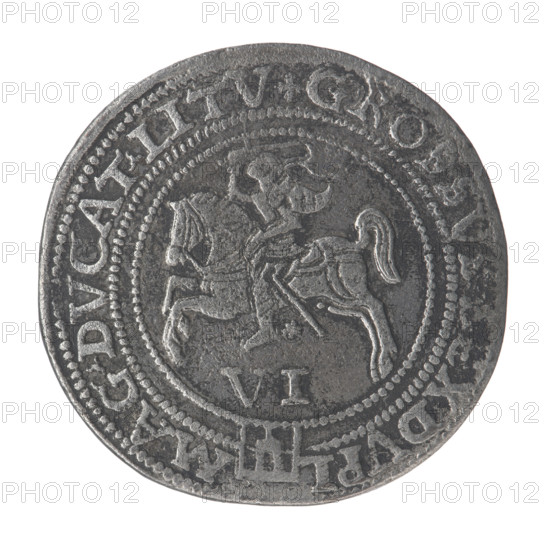 Lithuanian sixer, Sigismund II Augustus (king of Poland; 1544–1572). Obverse: crowned male bust in armor facing right, dividing year 15 - 6Z, inscription around the rim: .SI. .AVGVSTVS.REX.PO. O.MAG.DVX.LIT. Reverse: Lithuanian Pursuit (Pogon) facing left, below the value number VI and the Giedyminus Columns (coat of arms) dividing the inscription around the rim: .GROSSV. EXDVPL - MAG.DVCAT.LITV. 1562. Coats of arms: Jagiellonians (dynasty), Giedyminus Columns. Iconography: royal bust, male busts, Sigismund II Augustus — iconography. Grand Duchy of Lithuania, Vilnius, Poland. Coin; diameter 30.4–31.4 mm; weight 13.87 g.