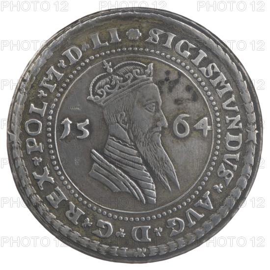Lithuanian thaler (pólkopek) forgery, Sigismund II Augustus (King of Poland; 1544–1572), counterfeit creator unknown, Jagiellonians (dynasty), forgeries, royal bust, Polish coins, male busts, Sigismund II Augustus (King of Poland; 1520–1572) - iconography, coats of arms. Obverse: a crowned male bust in armor facing right, dividing the year 15 - 64, with inscription .SIGISMVNDVS.AVG.REX.POL.MDLI. Reverse: a six-field coat of arms under the prince's mitre. Date: 1564/before 1879. Place: Poland. Object type: coin, counterfeit. Diameter: 44.4–44.6 mm. Weight: 27.67 g.
