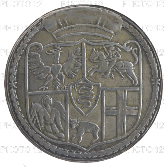 Lithuanian thaler (pólkopek) forgery, Sigismund II Augustus (King of Poland; 1544–1572), counterfeit creator Majnert, Józef (1813–1879), Jagiellonians (dynasty), forgeries, royal bust, Polish coins, male busts, Sigismund II Augustus (King of Poland; 1520–1572) - iconography, coats of arms. Obverse: a crowned male bust in armor facing right, dividing the year 15 - 64, with inscription .SIGISMVNDVS.AVG.REX.POL.MDLI. Reverse: a six-field coat of arms under the prince's mitre. Date: 1564/before 1879. Place: Poland. Object: coin, counterfeit. Diameter: 44.4–44.6 mm. Weight: 27.67 g.