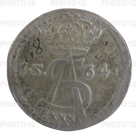 Lithuanian thaler (pólkopek) forgery of Sigismund II Augustus (King of Poland; reigned 1544–1572), counterfeit by Majnert; forged Polish coin, tied SA monogram under the crown dividing the date 1564 (rendered as 1.5. - 6 4.), value number .XXX. below; reverse shows under the prince’s mitre a six-field coat of arms; inscriptions/monograms and coats of arms under the ducal mitre; dated 1564/before 1879; coin (counterfeit), diameter ~41.0–42.1 mm, weight 31.25 g.