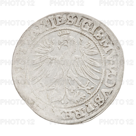 Lithuanian grosz, Sigismund I the Old (King of Poland; 1506–1548). Obverse: Polish crowned eagle; rim between pearl-shaped borders with inscription 'SIGISMV DVS P RE LITVA IE' (abbreviated). Reverse: Pogon (Lithuanian mounted knight) facing left; below, date 1535 (read as 15 - 35); rim between pearl-shaped borders with inscription divided at bottom by a shield bearing the Columns coat of arms: 'MO ETA MAG ID VCAT AN 1535' (abbreviated). Grand Duchy of Lithuania, struck in Vilnius. Coin (grosz), diameter ~26.0–26.3 mm, weight ~2.4 g.
