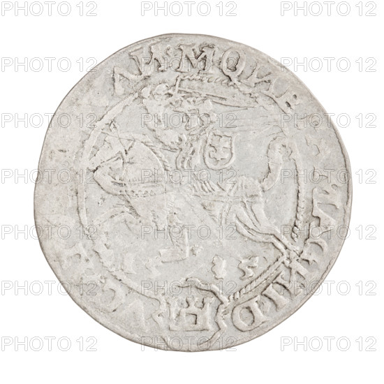 Lithuanian grosz, Sigismund I the Old (King of Poland; 1506–1548). Obverse: Polish crowned eagle; rim inscription between pearl-shaped borders: . SIGISMV, DVS.P.RE, LITVA, IE. Reverse: Pogon (Lithuanian knight) turned left, below the year 15-35; rim inscription between pearl-shaped borders, divided at the bottom by a shield with the Columns' coat of arms: . MO, ETA.MAG, ID - VCAT, AN, 1535. Grand Duchy of Lithuania, Vilnius. Coin; diameter 26.0–26.3 mm; weight 2.4 g.