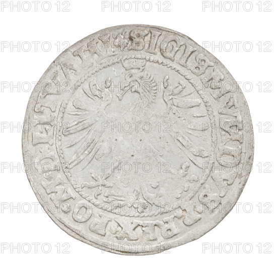 Lithuanian grosz, Sigismund I the Old (king of Poland; 1506–1548). Obverse: Polish Eagle with a crown; in the rim between pearl borders an inscription beginning with a trefoil: . SIGISMV, DVS*P*REX*PO*M*D*LITVA. Reverse: Pursuit turned left, below year 15–35, in the rim between pearl borders an inscription divided at the bottom by a shield with the coat of arms. Inscriptions/columns: * MO, ETA*MAG, I*D - VCATVS*LITVA, IE, 1535. Grand Duchy of Lithuania (Vilnius). Coin; dia. 26.0–26.3 mm; weight 2.34 g.