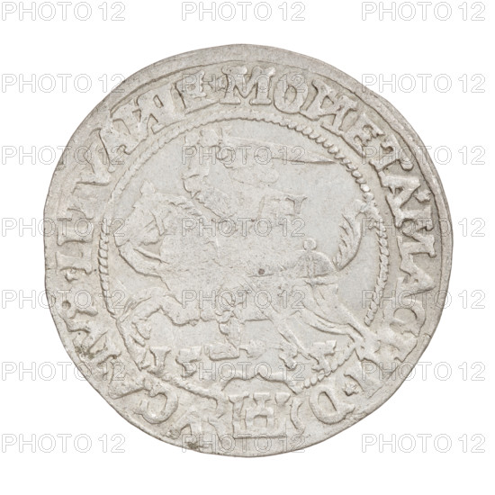Lithuanian grosz, Sigismund I the Old (king of Poland; 1506–1548). Obverse: Polish crowned eagle; in rim between pearl borders an inscription beginning with a trefoil: . SIGISMV, DVS*P*REX*PO*M*D*LITVA. Reverse: Pursuit (Pogonia) turned left, below year 15-35, in rim between pearl borders an inscription divided at the bottom by a shield with the Columns coat of arms: * MO, ETA*MAG, I*D - VCATVS*LITVA, IE, 1535. Grand Duchy of Lithuania, Vilnius. Coin (Poland), dia. 26.0–26.3 mm, weight 2.34 g.