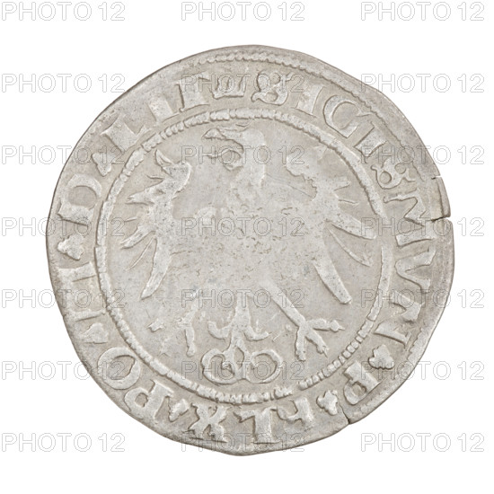 Lithuanian grosz, Sigismund I the Old (king of Poland; 1506–1548). Obverse: Polish Eagle; in the rim between pearl borders an inscription starting with a crown, between the words trefoils: . SIGISMVN.PR, X.PO.MDLIT. Reverse: Pursuit (Pogon) turned left; under the horse on the right the letter A; below the year 1536; in the rim between the pearl borders an inscription, divided at the bottom by the Column coat of arms, between the words trefoils: MONETA.MA - G. - .DVCA.LIT. Date: 1536. Grand Duchy of Lithuania (Vilnius). Coin; diameter ca. 25.7–26.2 mm; weight 2.45 g.