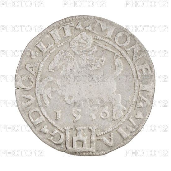 Lithuanian grosz of Sigismund I the Old (king of Poland, 1506–1548). Obverse: Polish eagle; in the rim between pearl borders an inscription starting with a crown, between the words trefoils: . SIGISMVN.PR, X.PO.MDLIT. Reverse: Pursuit (Vytis) turned left; under the horse on the right the letter A; below the horse the date 1536; in the rim between the pearl borders an inscription, divided at the bottom by the Column coat of arms, between the words trefoils: MONETA.MA - G. - .DVCA.LIT. Date: 1536. Region: Grand Duchy of Lithuania (Vilnius). Type: coin (grosz). Diameter: ~25.7–26.2 mm. Weight: 2.45 g.