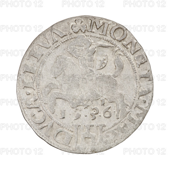 Lithuanian grosz, Sigismund I the Old (King of Poland; 1506–1548). Obverse: Crowned Polish Eagle; in the rim between pearl-shaped borders an inscription: .: SIGISMVN.P.REX., MDLITV. Reverse: Pogon turned left; under the horse on the right the letter I; below the year .1.5.3.6.; in the rim between pearl-shaped borders an inscription beginning with a trefoil, divided at the bottom by the Column coat of arms: . MONETA.MA, - DVCA.LITVA:. 1536. Grand Duchy of Lithuania (Vilnius). Coin; diameter 25.4–26.0 mm; weight 2.35 g., A circular metallic coin with a worn, uneven surface showing a raised central design of a mounted figure holding a shield, surrounded by a ring of raised border and worn decorative elements, with several raised characters around the rim and small decorative motifs; the coin's color is predominantly silvery gray with areas of darker gray toning and slight variations in sheen, and the edges are slightly irregular and dented.