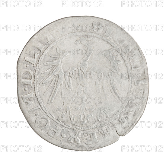 Lithuanian grosz, Sigismund I the Old (King of Poland, 1506–1548). Obverse: Polish Eagle; in rim between pearl-shaped borders an inscription beginning with a crown: MVN. .REX.PO.MDLI. Reverse: Pogon turned left; below the year 1.3.6.; in rim between pearl-shaped borders an inscription divided at the bottom by the Column coat of arms: NETA.MA. - DVCA.LITVAN. Date: 1536. Grand Duchy of Lithuania, Vilnius. Coin; diameter 25.0–26.0 mm; weight 2.38 g.