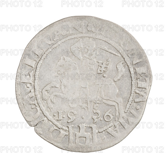 Lithuanian grosz, Sigismund I the Old (King of Poland; reign 1506–1548). Obverse: Polish eagle; in the rim between pearl-shaped borders an inscription beginning with a crown: MVN. .REX.PO.MDLI. Reverse: Pogon (Lithuanian mounted knight) turned left; below the year .1. .3.6.; in the rim between pearl-shaped borders an inscription divided at the bottom by the Column coat of arms: NETA.MA. - DVCA.LITVAN. 1536. Grand Duchy of Lithuania (Vilnius). Coin. Diameter 25.0–26.0 mm. Weight 2.38 g.