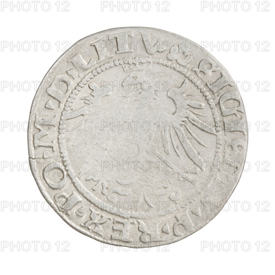 Lithuanian grosz of Sigismund I the Old (King of Poland, reign 1506–1548). Obverse: Crowned Polish eagle; rim with pearl-shaped borders and inscription '. SIGIS, .P.REX.PO.MDLITV'. Reverse: Pogon (Lithuanian mounted knight) facing left; letter 'F' under the horse on the right; date '1536' below; rim with pearl-shaped borders and inscription divided at the bottom by the Column coat of arms: '. MONETA.MAG - DVCA.LITVA'. Dated 1536. Grand Duchy of Lithuania (Vilnius). Coin; diameter ~25.3–25.5 mm; weight 2.34 g.