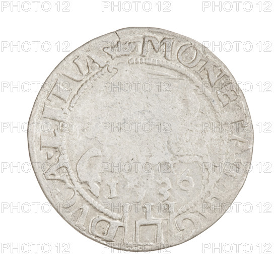 Lithuanian grosz, Sigismund I the Old (King of Poland; 1506–1548). Obverse: Crowned Polish eagle; rim between pearl-shaped borders with inscription '. SIGIS, .P.REX.PO.MDLITV'. Reverse: Pogon turned left; under the horse on the right the letter 'F'; below the year '1536'; rim between pearl-shaped borders with inscription divided at the bottom by the Column coat of arms: '. MONETA.MAG - DVCA.LITVA'. Dated 1536. Grand Duchy of Lithuania. Coin (Poland/Lithuania). Diameter c. 25.3–25.5 mm. Weight 2.34 g.