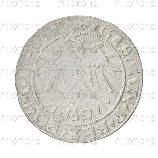 Lithuanian grosz of Sigismund I the Old (King of Poland, 1506–1548). Obverse: Crowned Polish eagle; in the rim between pearl-shaped borders an inscription with trefoils: 'SIGISMVN.P.REX.PO.M., .LIT'. Reverse: Pogon (mounted knight) turned left; below the year digits '1.' and '6.'; in the rim between pearl-shaped borders an inscription beginning with a trefoil divided at the bottom by the Column coat of arms: '. MONETA, MAG - DVCA.LITVA, 1536'. Grand Duchy of Lithuania; coin. Diameter ca. 25.5–26.0 mm; weight 2.4 g.