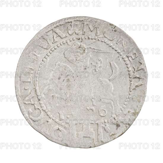 Lithuanian grosz of Sigismund I the Old (King of Poland, 1506–1548). Obverse: Crowned Polish eagle; in the rim between pearl-shaped borders an inscription with trefoils: 'SIGISMVN.P.REX.PO.M., .LIT' Reverse: Pogon (Lithuanian coat of arms) turned left; below the year digits '1.' and '6.' In the rim between pearl-shaped borders an inscription beginning with a trefoil divided at the bottom by the Column coat of arms: 'MONETA, MAG - DVCA.LITVA, 1536.' Grand Duchy of Lithuania (Vilnius). Coin (Poland), diameter about 25.5–26.0 mm, weight 2.4 g.