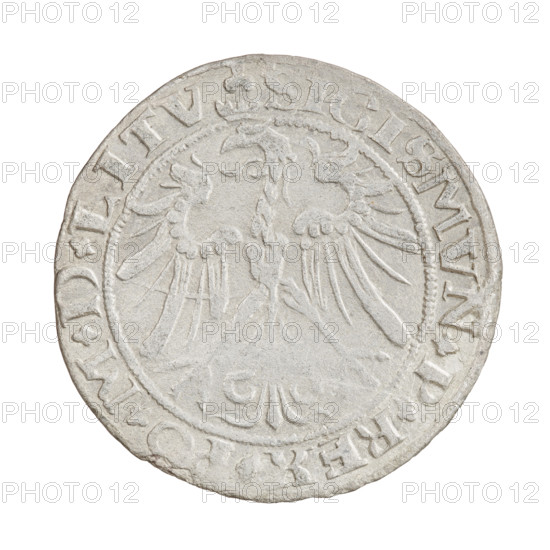 Lithuanian grosz, Sigismund I the Old (King of Poland; 1506–1548). Obverse: Polish eagle with a crown; in the rim between pearl-shaped borders an inscription with trefoils between words: . SIGISMVN.P.REX.PO.MDLITV. Reverse: Pogon turned left, below year 1, -35; in the rim between pearl-shaped borders an inscription beginning with a trefoil, divided at the bottom by a shield with the Column coat of arms, trefoils between the words: . MONETA.MAG. -, DVCA.LITVAN, 1536. Grand Duchy of Lithuania (Vilnius). Coin; diameter 25.8–26.0 mm; weight 2.17 g.