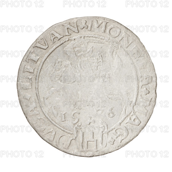 Lithuanian grosz, Sigismund I the Old (King of Poland; 1506–1548). Obverse: Polish crowned eagle; rim of pearl-shaped borders with inscription and trefoils between words: . SIGISMVN.P.REX.PO.MDLITV. Reverse: Pogon (Lithuanian knight) turned left; below year 1-35; rim of pearl-shaped borders with inscription beginning with a trefoil, divided at the bottom by a shield with the Column coat of arms, trefoils between words: . MONETA.MAG.-, DVCA.LITVAN, 1536. Grand Duchy of Lithuania, Vilnius. Coin. Diameter 25.8–26.0 mm; weight 2.17 g.
