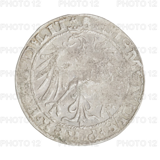 Lithuanian grosz of Sigismund I the Old (King of Poland, 1506–1548). Obverse: crowned Polish Eagle; rim with pearl-shaped borders and inscription with trefoils: . SIGISMVNDVS.P.REX.P, D.LIT. Reverse: Pogon (Lithuanian knight) turned left; below year 1535 (inscribed as 1, -35), rim with pearl-shaped borders and inscription beginning with a trefoil and divided at the bottom by a shield with the Column coat of arms: ., TA.MAG. - DVCA.LITVAN. Dated 1536. Grand Duchy of Lithuania (Vilnius). Coin; diameter ca. 25.6–26.0 mm; weight 2.3 g.
