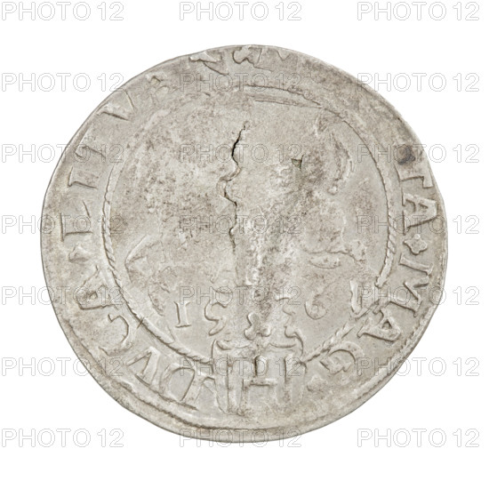 Lithuanian grosz of Sigismund I the Old (King of Poland; reign 1506–1548). Obverse: Polish crowned eagle; rim with pearl-shaped borders and inscription . SIGISMVNDVS.P.REX.P, separated by trefoils. Reverse: Pogon (Lithuanian charging knight) turned left; below the year 1536 (inscribed as 1,-35 divided), rim with pearl-shaped borders and inscription beginning with a trefoil and divided at the bottom by a shield with the Column coat of arms: ., TA.MAG. - DVCA.LITVAN, 1536. Grand Duchy of Lithuania (Vilnius). Coin. Diameter ~25.6–26.0 mm; weight 2.3 g.