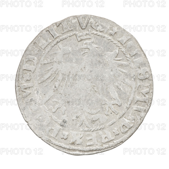 Lithuanian grosz, Sigismund I the Old (King of Poland; 1506–1548). Obverse: Polish crowned eagle; rim between pearl-shaped borders with inscription 'ISMVxPxREXxP, MxD, LITV'. Reverse: Pogon (Lithuanian knight) turned left; below the year 1536; rim between pearl-shaped borders with inscription divided at the bottom by the Column coat of arms: 'MONETA.MAG - DVCA.LITVA'. Dated 1536. Grand Duchy of Lithuania (Vilnius). Coin; diameter 25.6–26.3 mm; weight 2.32 g.