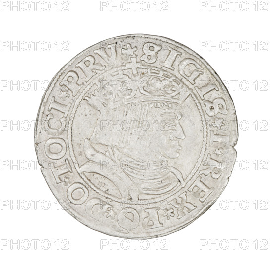 Prussian grosz, Sigismund I the Old (King of Poland; 1506–1548). Obverse: crowned male bust in profile turned to the right; rim between pearly borders with inscription '.SIGIS.I.REX.PO.DO.TOCI.PRV'. Reverse: the Eagle of Royal Prussia; rim between pearly borders with inscription '.GROSS.COMV.TERR.PRVSS.1531'. 1531. Poland, Torun. Coin; diameter 23.0–23.3 mm; weight 1.98 g.