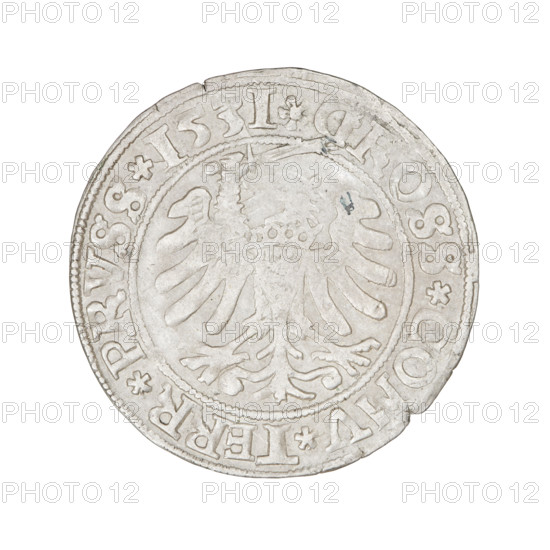 Prussian grosz, Sigismund I the Old (King of Poland; 1506–1548); obverse: crowned male bust in profile facing right with rim inscription '.SIGIS.I.REX.PO.DO.TOCI.PRV Rw.'; reverse: the Eagle of Royal Prussia with rim inscription '.GROSS.COMV.TERR.PRVSS.1531'; 1531; Torun, Poland; coin; diameter 23.0–23.3 mm; weight 1.98 g; emblems: eagle; style: Jagiellonian dynasty iconography; subject: royal bust; inscriptions present.