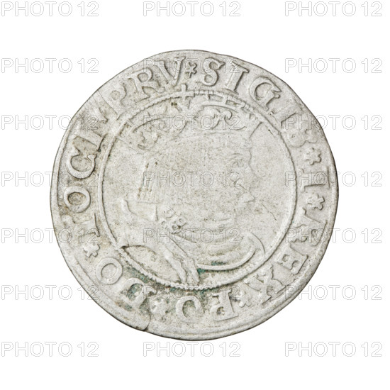 Prussian grosz, Sigismund I the Old (King of Poland; 1506–1548). Obverse: crowned male bust in profile turned to the right; in the rim between pearl borders an inscription: .SIGIS.I.REX.PO.DO.TOCI.PRV. Reverse: the Eagle of Royal Prussia; in the rim between the pearl borders the inscription: .GROSS.COMV.TERR.PRVSS.1531. 1531. Poland, Torun. Coin; diameter 22.8–23.1 mm; weight 2.08 g.